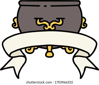 traditional tattoo with banner of a cauldron