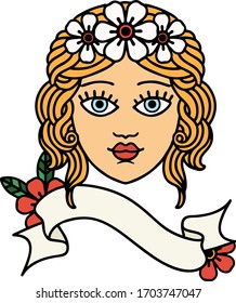 traditional tattoo with banner of female face with crown of flowers