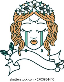 traditional tattoo with banner of female face with third eye and crown of flowers cyring