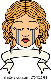 traditional tattoo with banner of female face crying