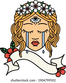 traditional tattoo with banner of female face with mystic third eye crying