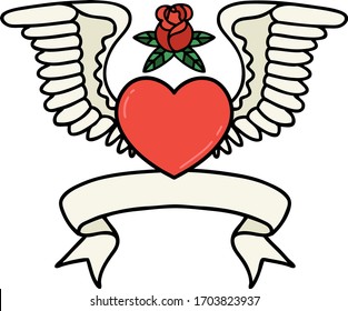 traditional tattoo with banner of a heart with wings