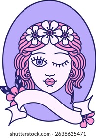 traditional tattoo with banner of a maiden with crown of flowers winking in bright neon colors