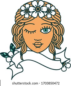 traditional tattoo with banner of a maidens face winking