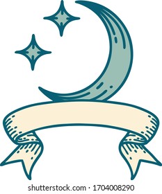 traditional tattoo with banner of a moon and stars