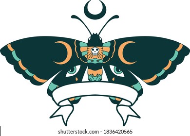 traditional tattoo with banner of a moth