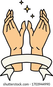 traditional tattoo with banner of mystic hands