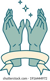 traditional tattoo with banner of mystic hands