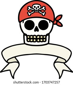traditional tattoo with banner of a pirate skull