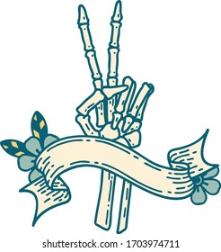traditional tattoo with banner of a skeleton giving a peace sign 