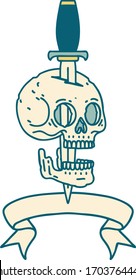 traditional tattoo with banner of a skull