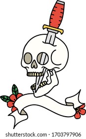 traditional tattoo with banner of a skull