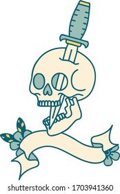 traditional tattoo with banner of a skull