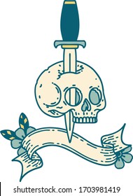 traditional tattoo with banner of a skull