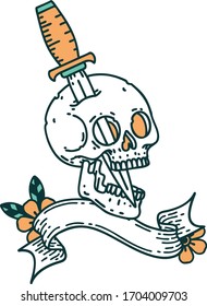 traditional tattoo with banner of a skull