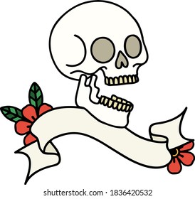 traditional tattoo with banner of a skull