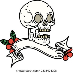 traditional tattoo with banner of a skull