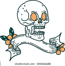 traditional tattoo with banner of a skull
