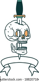 traditional tattoo with banner of a skull