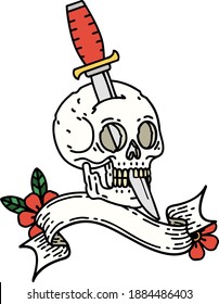 traditional tattoo with banner of a skull