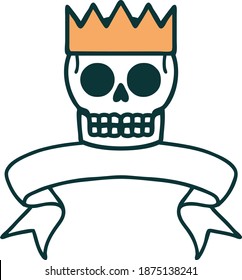traditional tattoo with banner of a skull and crown