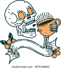 traditional tattoo with banner of a skull drinking coffee