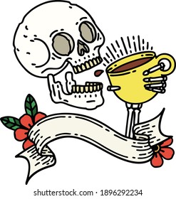 tatuaje tradicional con pancarta de calavera tomando café