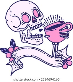 traditional tattoo with banner of a skull drinking coffee in bright neon colors