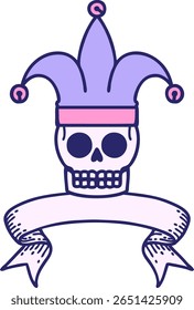 tatuagem tradicional com a bandeira de um crânio jester na cor neon brilhante