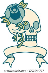 traditional tattoo with banner of a skull and rose