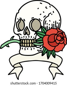 traditional tattoo with banner of a skull and rose