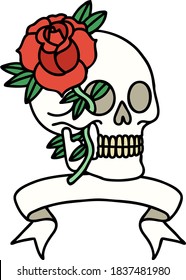 traditional tattoo with banner of a skull and rose