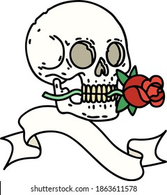 traditional tattoo with banner of a skull and rose