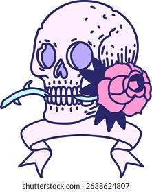 traditional tattoo with banner of a skull and rose in bright neon colors