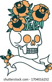 traditional tattoo with banner of a skull and roses