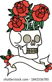 traditional tattoo with banner of a skull and roses