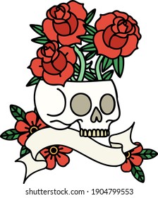 traditional tattoo with banner of a skull and roses