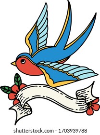 traditional tattoo with banner of a swallow