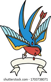 traditional tattoo with banner of a swallow pierced by arrow