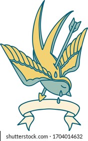 traditional tattoo with banner of a swallow pierced by arrow
