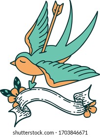traditional tattoo with banner of a swallow shot through with arrow