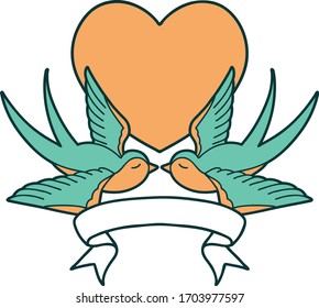 traditional tattoo with banner of swallows and a heart