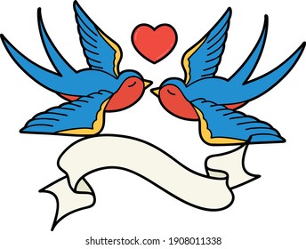 traditional tattoo with banner of swallows and a heart