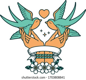 traditional tattoo with banner of tied hands and swallows
