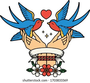 traditional tattoo with banner of tied hands and swallows