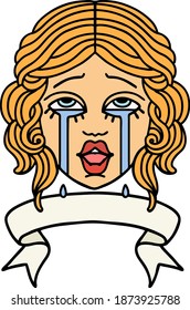 traditional tattoo with banner of a very happy crying female face