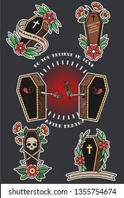 Traditional Tattoo Design Coffins and Flowers, Love and Death