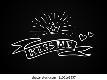 Traditional tattoo design with ribbon, hearts and crown. Kiss me fancy quote. Vector illustration.