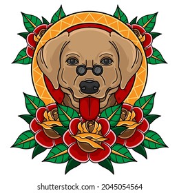 traditional tattoo dog head with rose, vector EPS 10