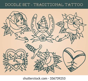 traditional tattoo doodle set